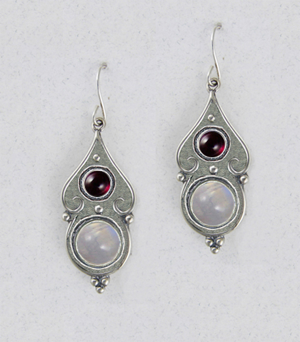 Sterling Silver Rainbow Moonstone And Garnet Gemstone Drop Dangle Earrings